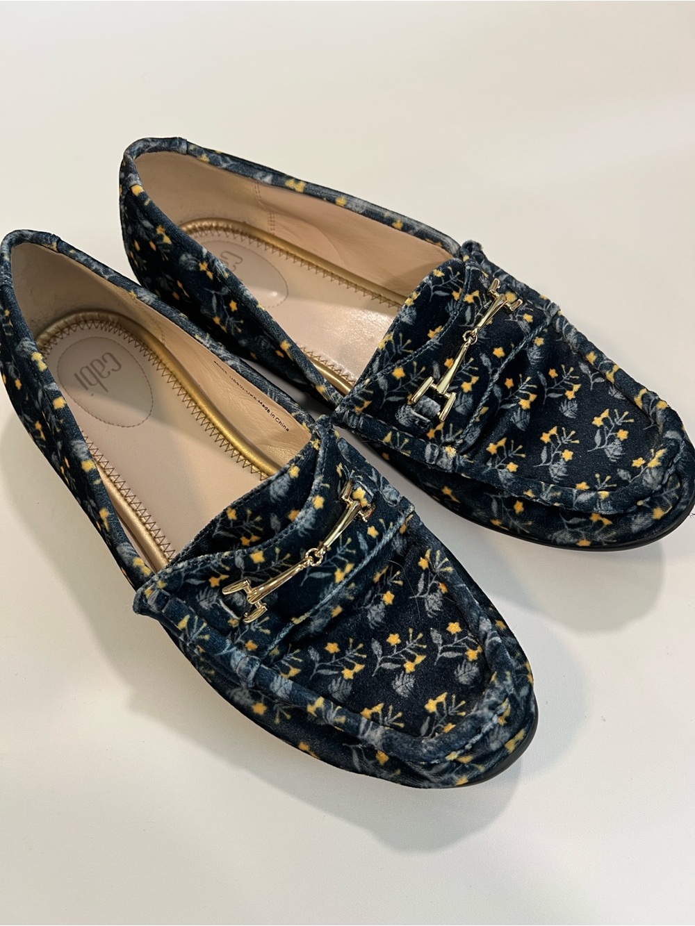 Cabi - Navy Velvet Floral Loafers with Gold Horse Bit Hardware, 9.5, EUC